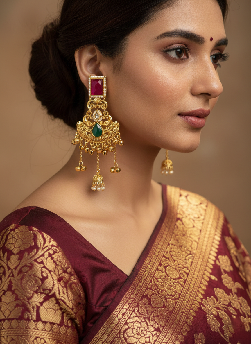 Gold Plated Kundan Chandbali Earrings with Ruby & Green Stone – Traditional Bridal Jewellery