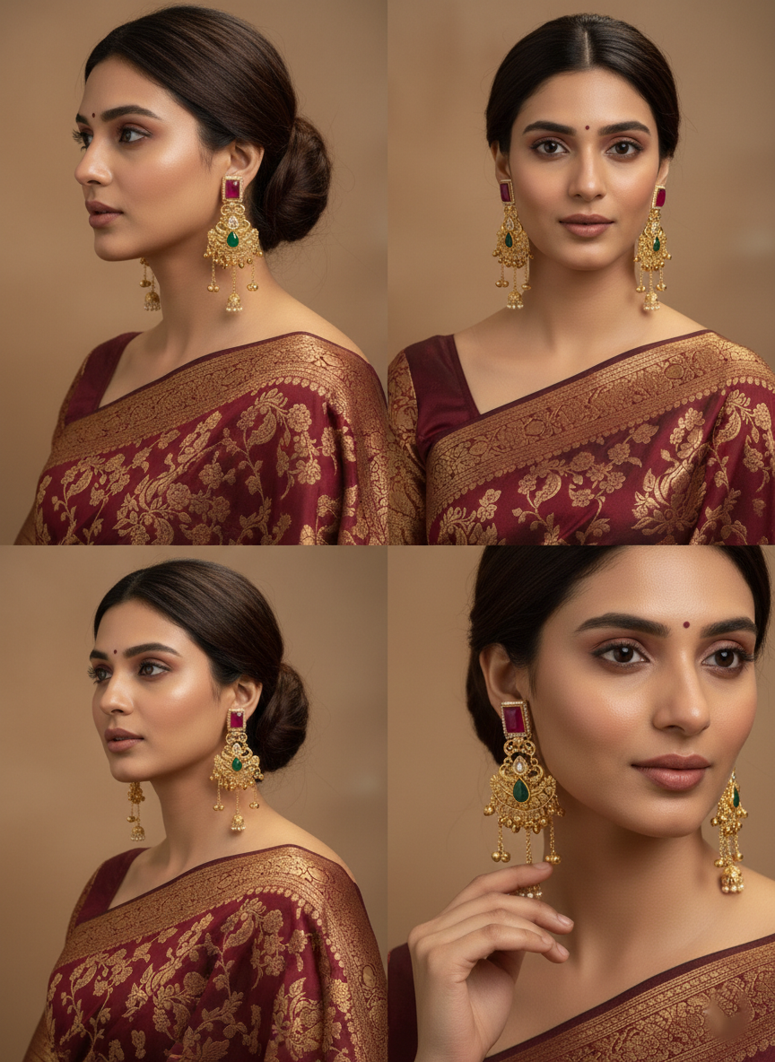 Gold Plated Kundan Chandbali Earrings with Ruby & Green Stone – Traditional Bridal Jewellery