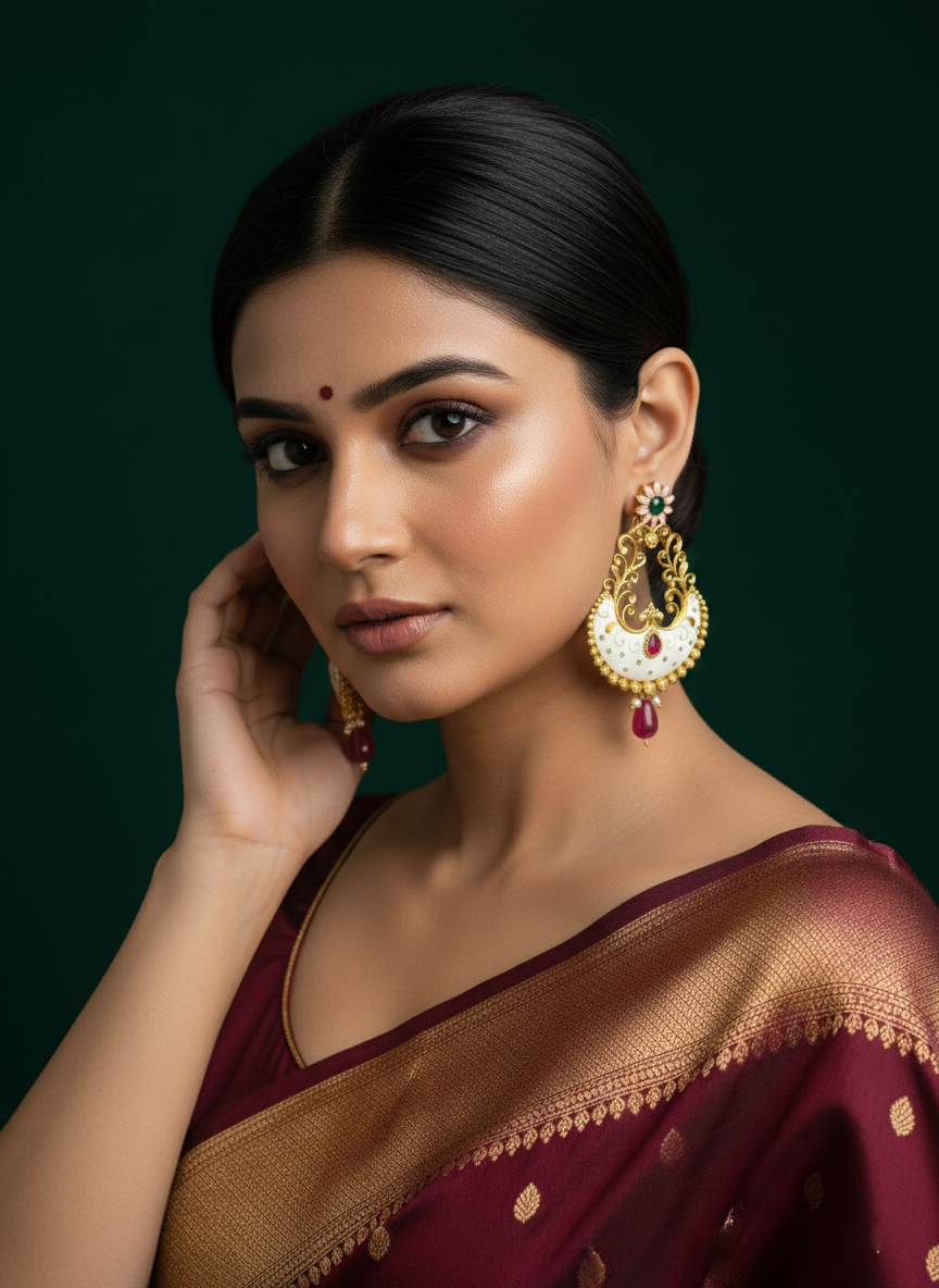 Gold Plated Meenakari Chandbali Earrings with White Enamel & Ruby Drop