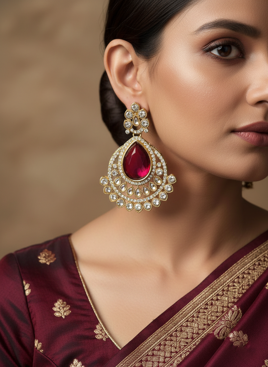 Gold Plated Kundan Chandbali Earrings with Ruby Red Stone – Bridal Jewellery
