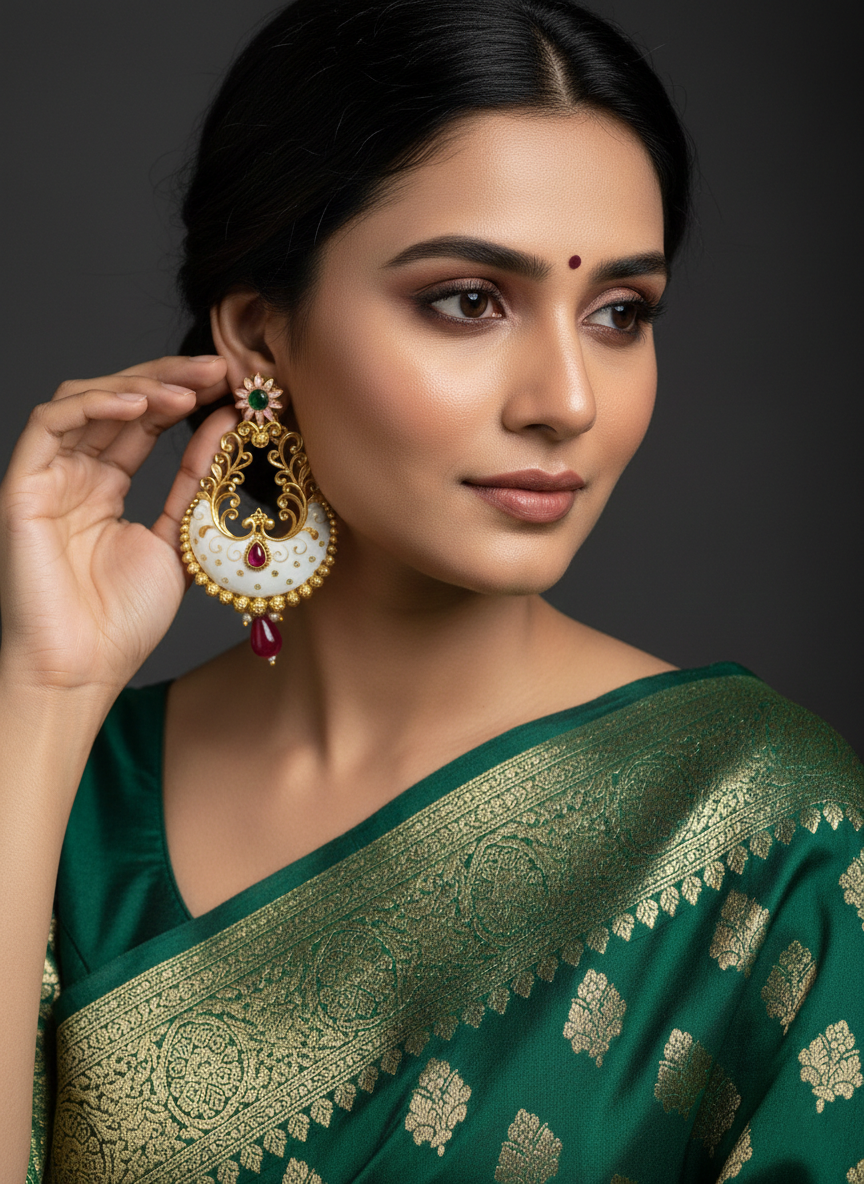 Gold Plated Meenakari Chandbali Earrings with White Enamel & Ruby Drop