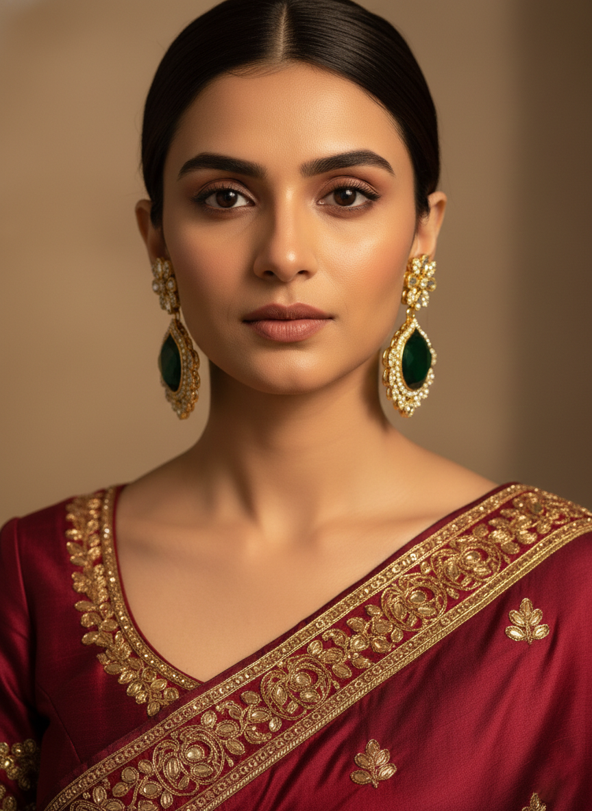 Gold Plated Kundan Earrings with Emerald Green Stone – Traditional Bridal Jewelleryduct