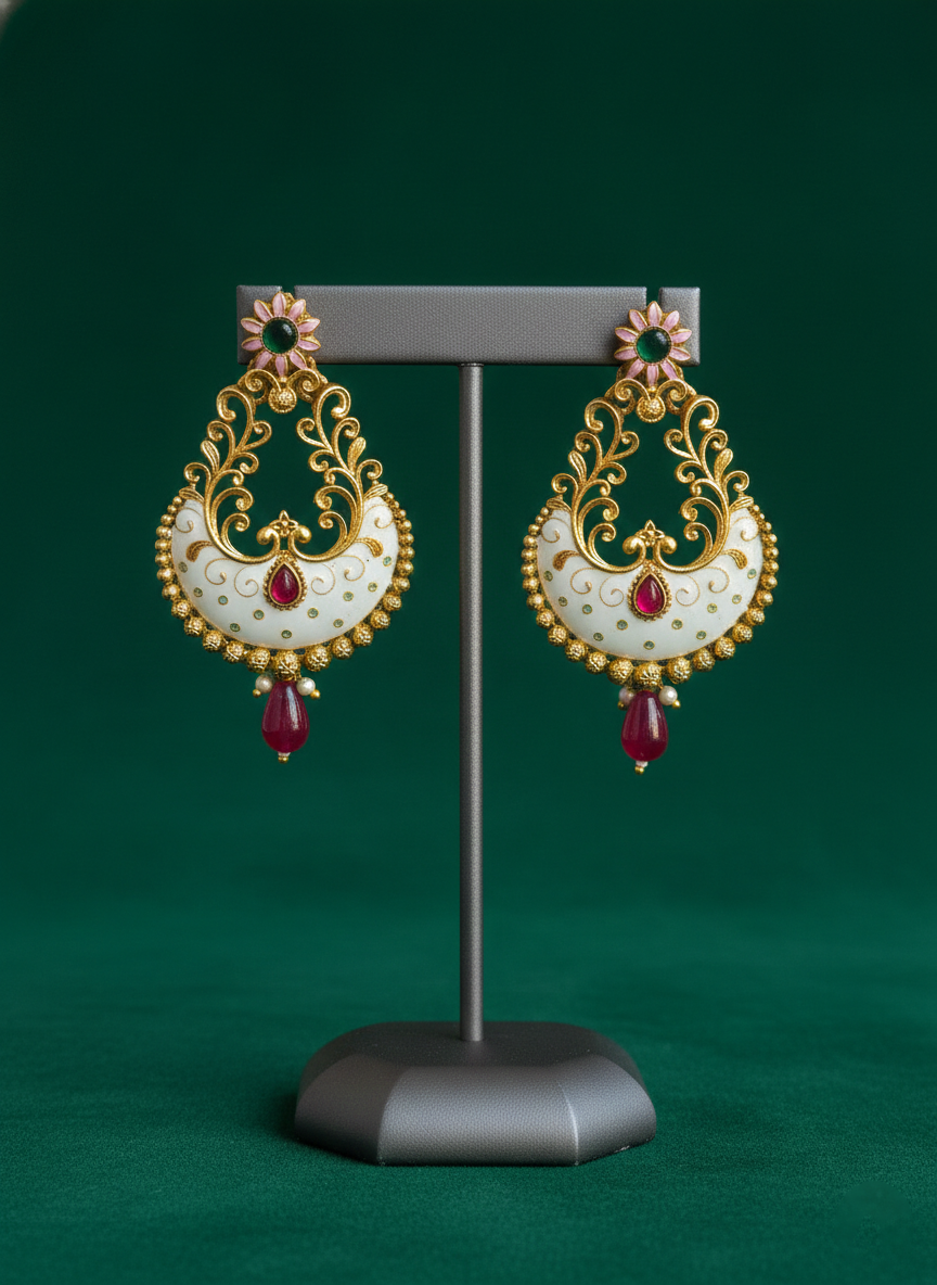 Gold Plated Meenakari Chandbali Earrings with White Enamel & Ruby Drop