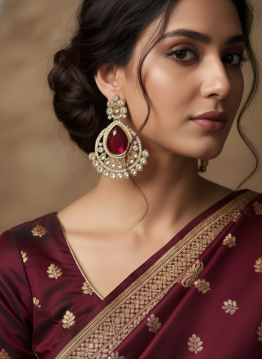 Gold Plated Kundan Chandbali Earrings with Ruby Red Stone – Bridal Jewellery