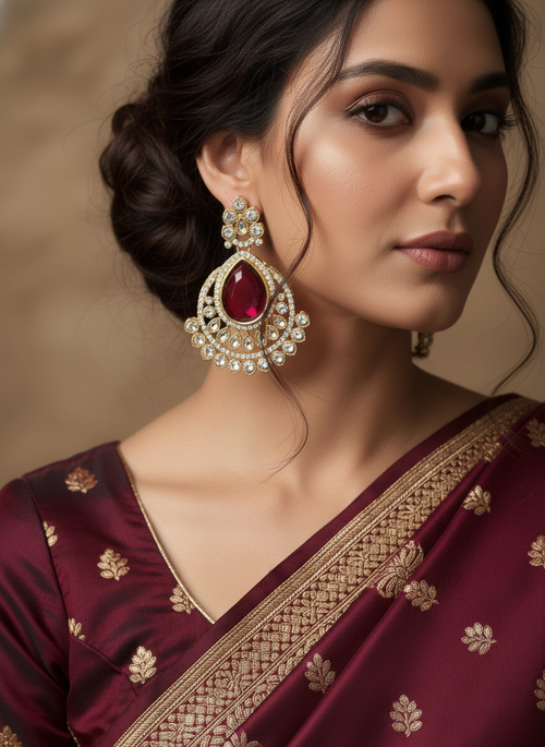 Gold Plated Kundan Chandbali Earrings with Ruby Red Stone – Bridal Jewellery