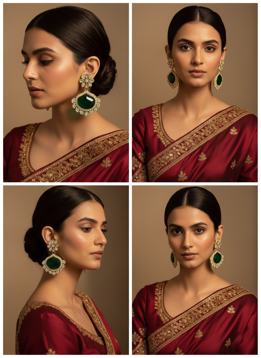 Gold Plated Kundan Earrings with Emerald Green Stone – Traditional Bridal Jewelleryduct