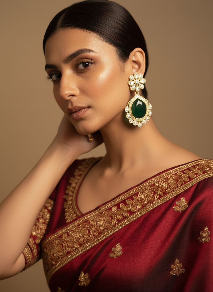 Gold Plated Kundan Earrings with Emerald Green Stone – Traditional Bridal Jewelleryduct