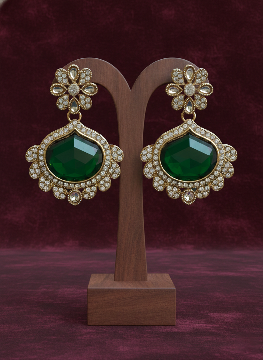 Gold Plated Kundan Earrings with Emerald Green Stone – Traditional Bridal Jewelleryduct