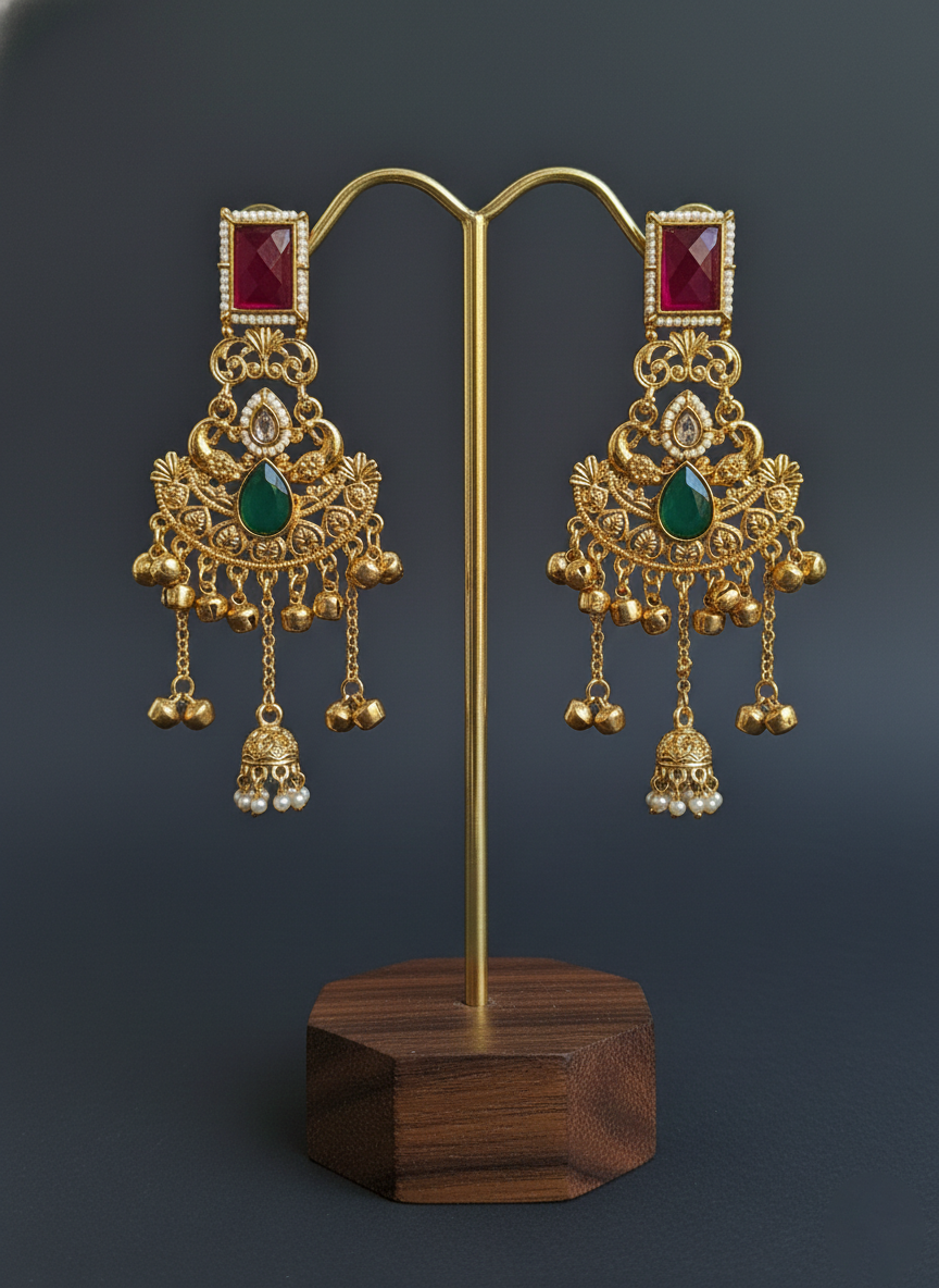 Gold Plated Kundan Chandbali Earrings with Ruby & Green Stone – Traditional Bridal Jewellery