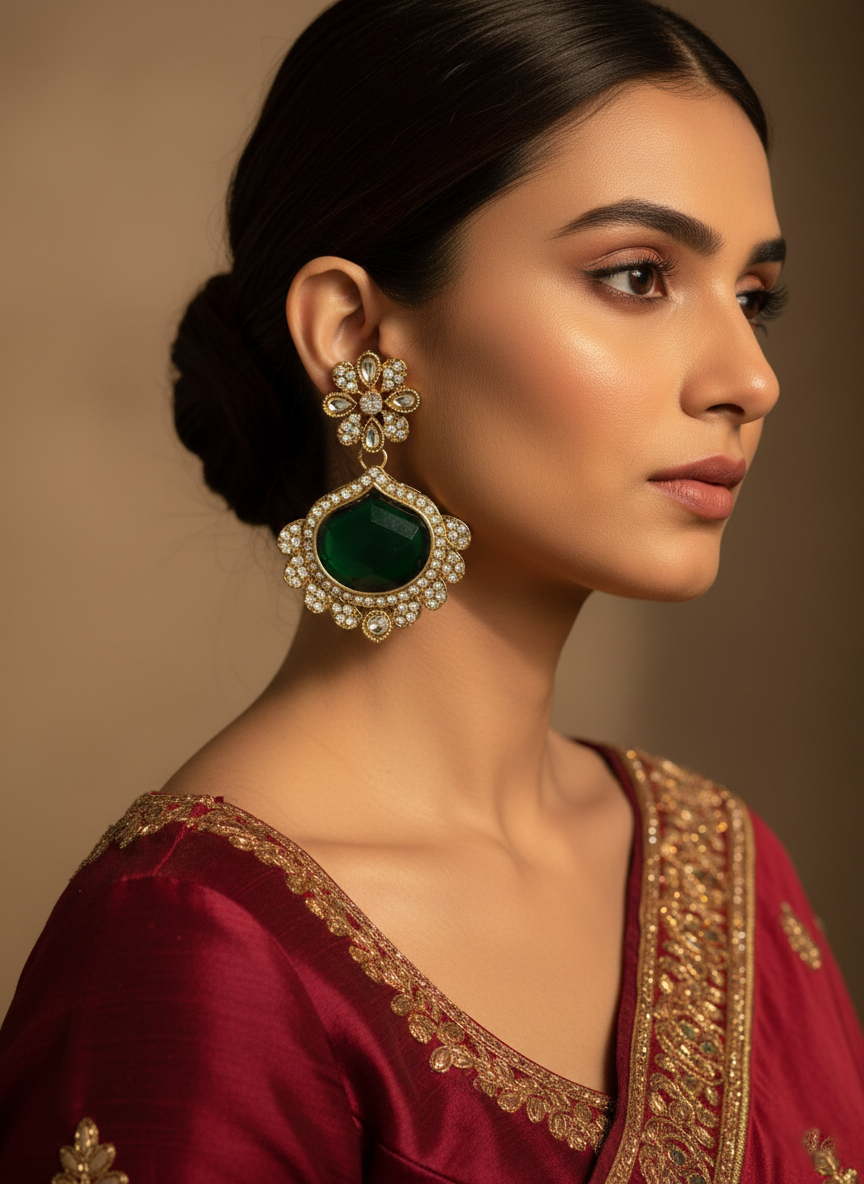 Gold Plated Kundan Earrings with Emerald Green Stone – Traditional Bridal Jewelleryduct
