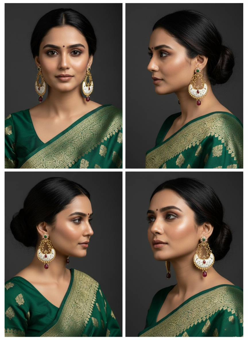 Gold Plated Meenakari Chandbali Earrings with White Enamel & Ruby Drop