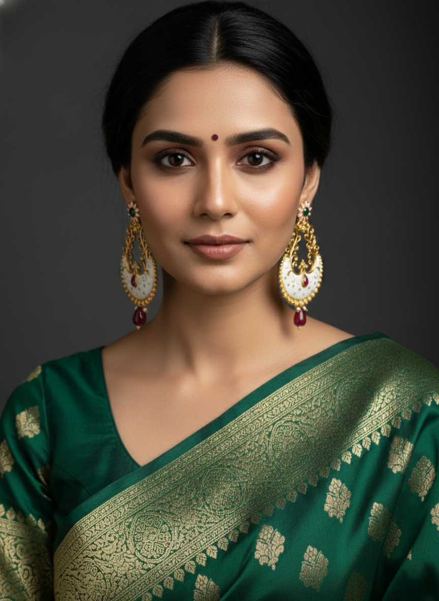 Gold Plated Meenakari Chandbali Earrings with White Enamel & Ruby Drop