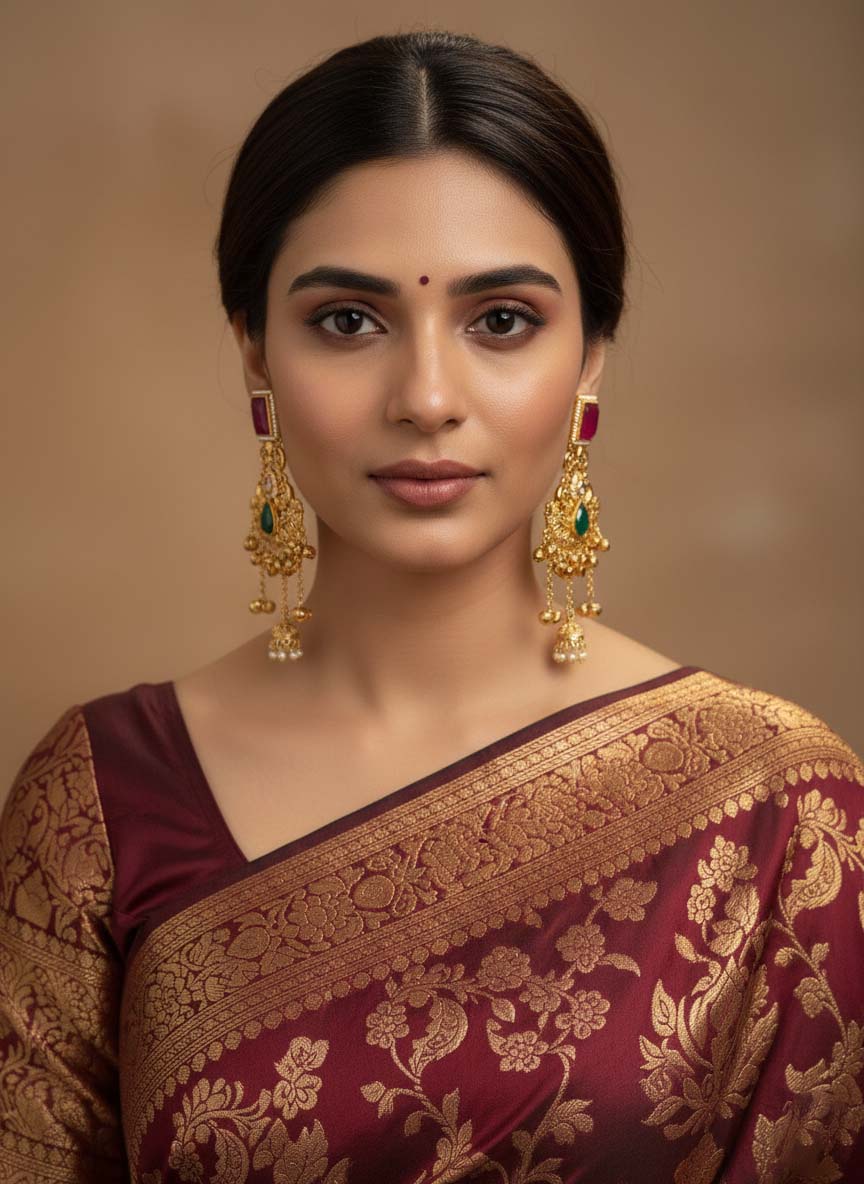 Gold Plated Kundan Chandbali Earrings with Ruby & Green Stone – Traditional Bridal Jewellery