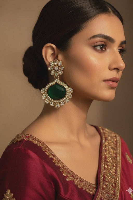 Gold Plated Kundan Earrings with Emerald Green Stone – Traditional Bridal Jewelleryduct