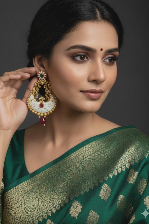 Gold Plated Meenakari Chandbali Earrings with White Enamel & Ruby Drop