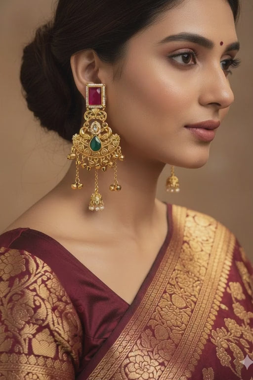Gold Plated Kundan Chandbali Earrings with Ruby & Green Stone – Traditional Bridal Jewellery