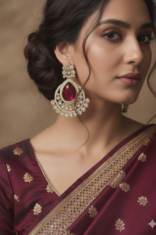 Gold Plated Kundan Chandbali Earrings with Ruby Red Stone – Bridal Jewellery